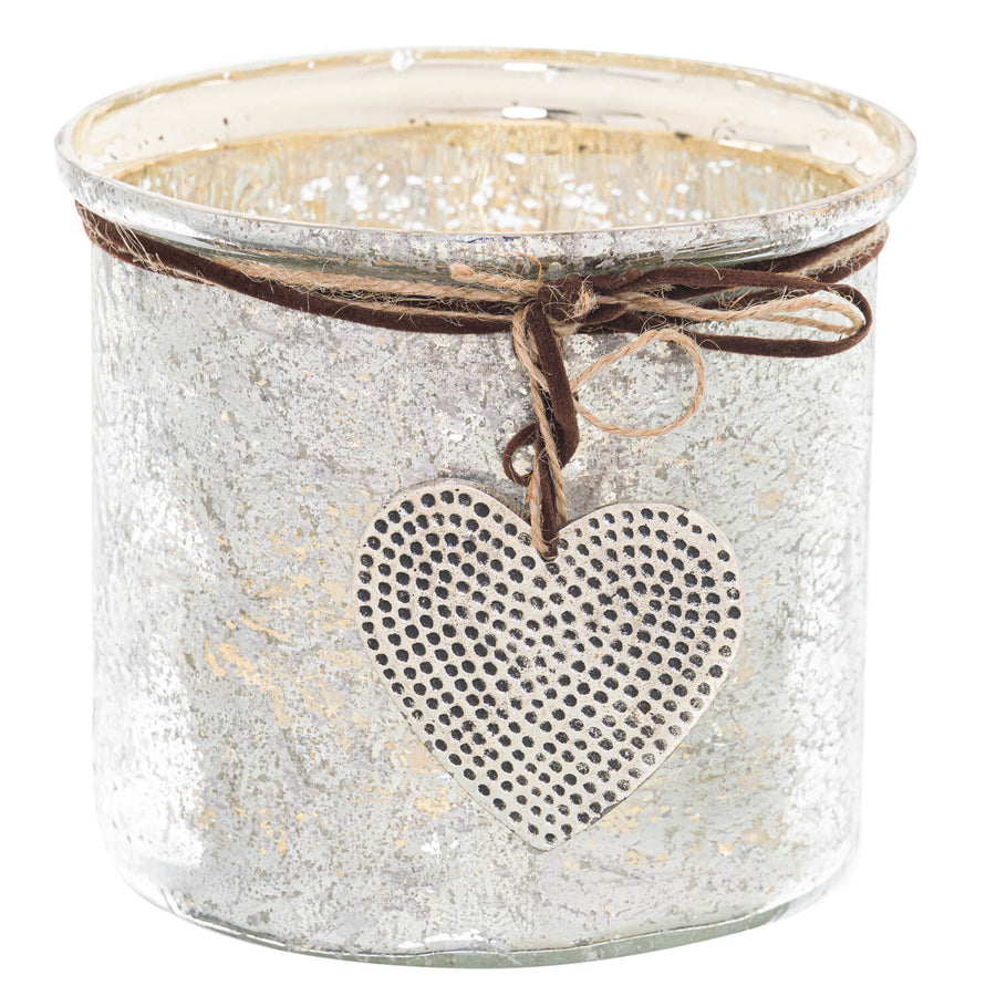 Mercury glass heart candle holder with hammered dots and twine bow, vintage rustic decor for mantels or tables   

- **Keywords included:** mercury glass, heart candle holder, hammered dots, twine bow, vintage rustic decor, mantels, tables  
- **Clear description:** Visually conveys the product's material, design, and decorative use  
- **SEO & accessibility optimized:** Prioritizes key product features while remaining natural for screen readers by Sostter at brixbailey.com