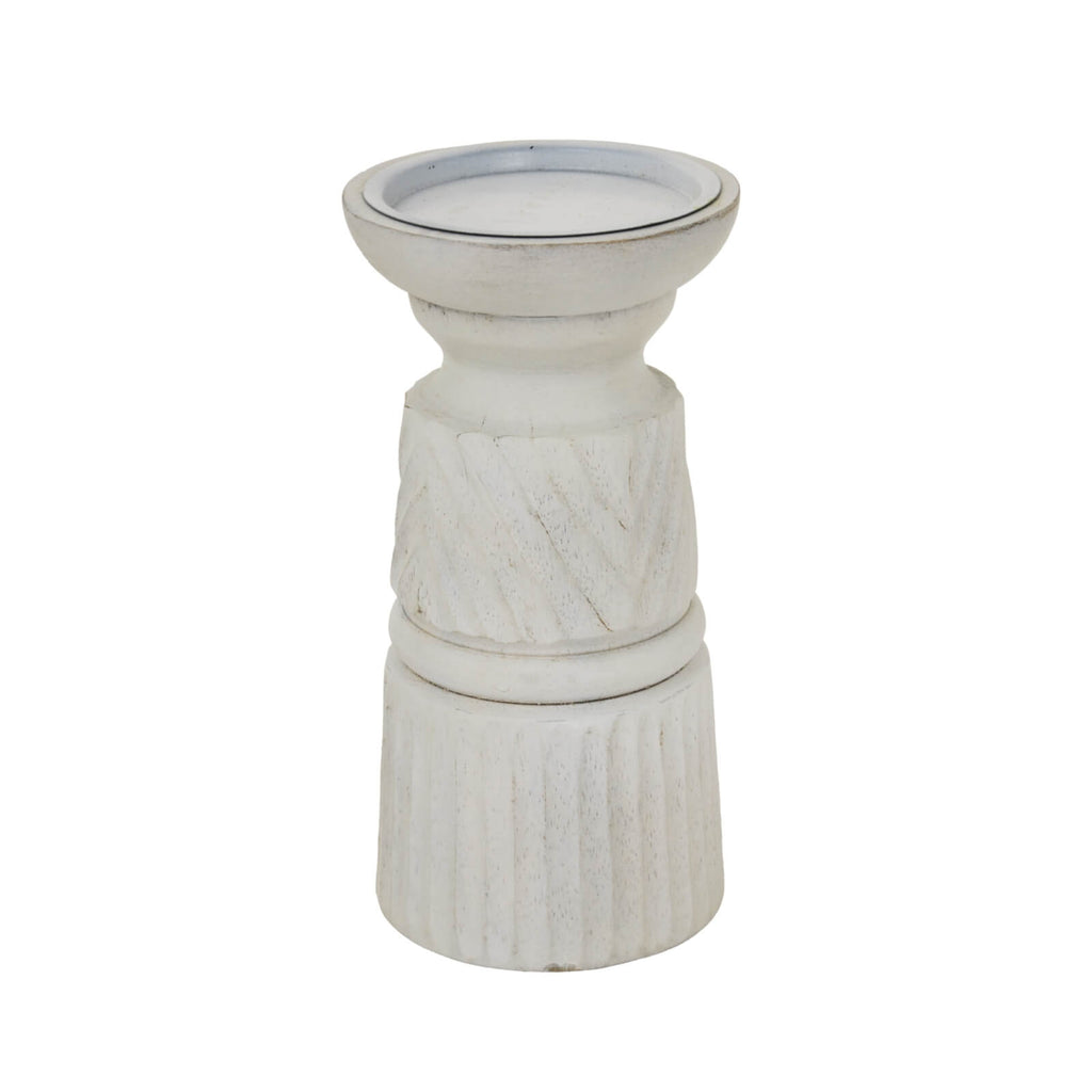 Hand-carved white wood candle holder with geometric patterns, 20cm tall, diffuses soft ambient light for modern decor. by RoomLondon at brixbailey.com