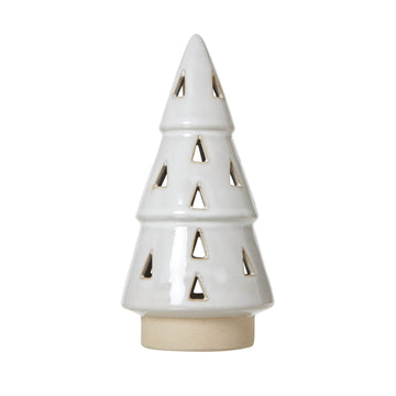 Handcrafted white ceramic light tree with geometric cut-outs, glowing warm LED illumination for home decor. by Sostter at brixbailey.com