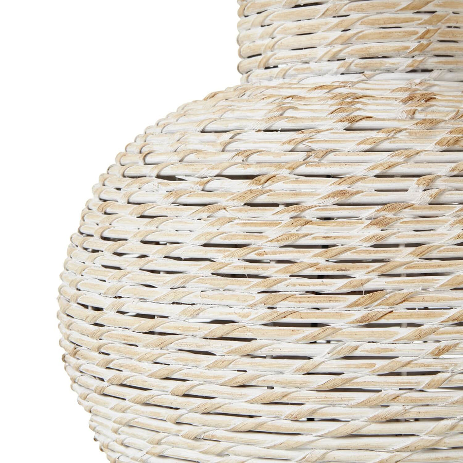 Handcrafted white-washed wicker table lamp with linen shade, rustic modern design for farmhouse or coastal decor. by Sostter at brixbailey.com