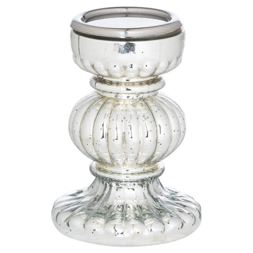 Silver mercury glass bonbon candle holder with ribbed design, vintage glamour, 26cm height, perfect for centerpieces.