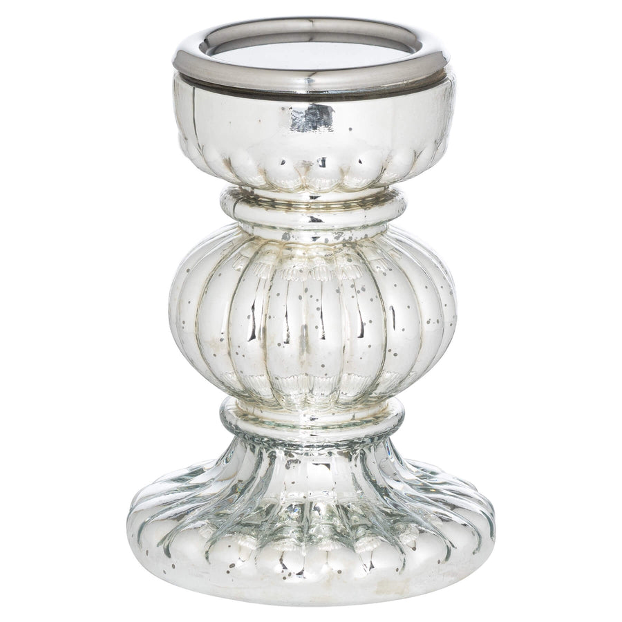 Silver mercury glass bonbon candle holder with ribbed design, vintage glamour, 26cm height, perfect for centerpieces.by Sostter at brixbailey.com