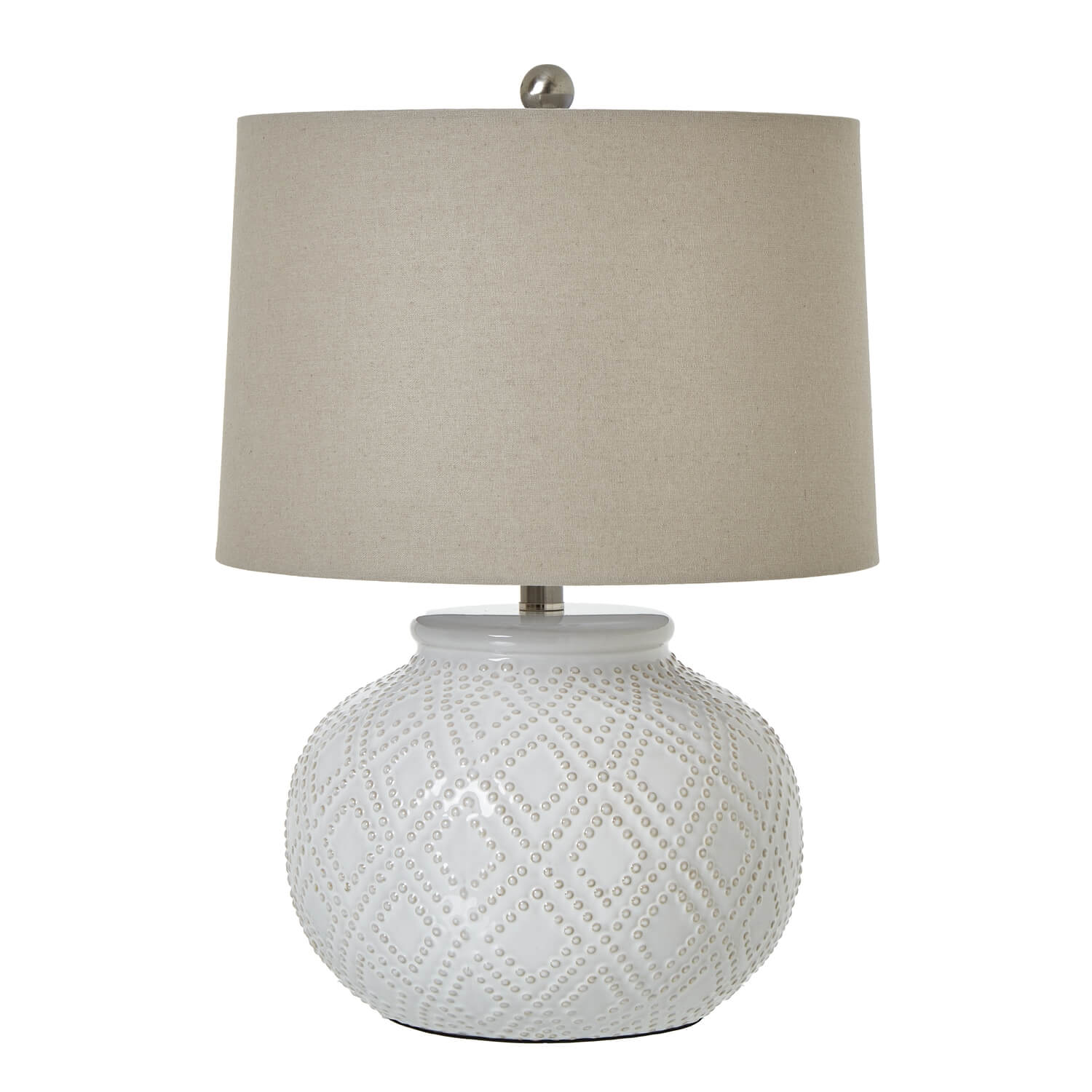 Squat white ceramic lamp with hand-applied beading and linen shade, perfect for coastal or boho interiors. by Sostter at brixbailey.com