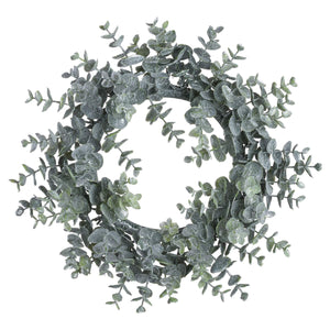 Handcrafted frosted eucalyptus candle wreath with silver accents, sage green foliage, and realistic winter detailing â€“ 33cm diameter by Sostter at brixbailey.com
