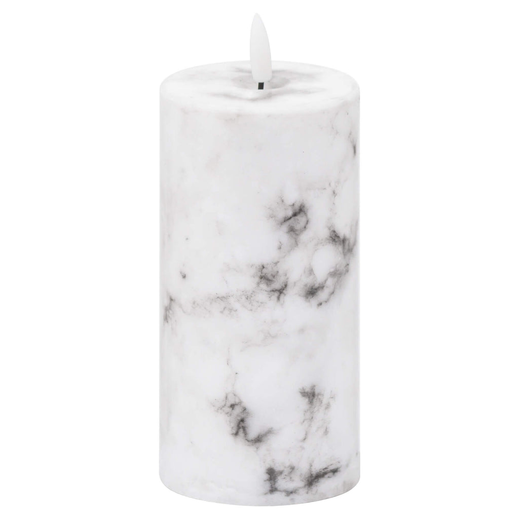 Handcrafted white marble-pattern LED candle with realistic amber flickering flame, wax exterior, 15cm tall by Sostter at brixbailey.com