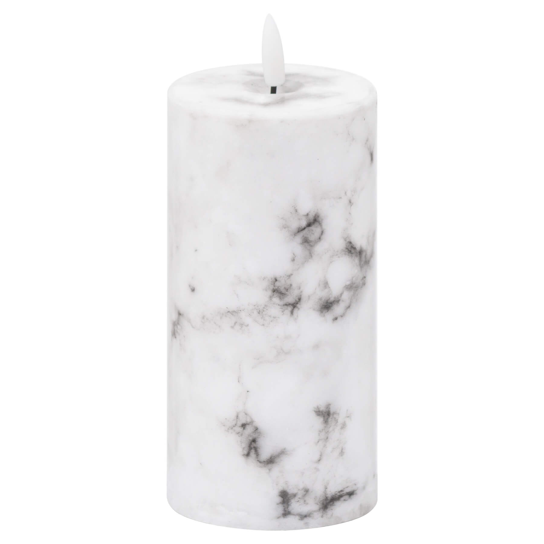 Handcrafted white marble-pattern LED candle with realistic amber flickering flame, wax exterior, 15cm tall by Sostter at brixbailey.com