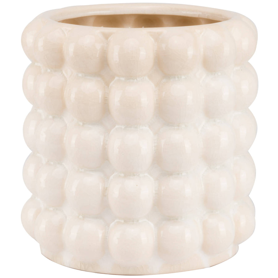Handcrafted ceramic bubble-texture planter in warm cream, 20cm, perfect for tabletop plants or floral arrangements. by Sostter at brixbailey.com
