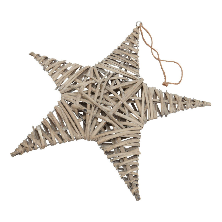 Handwoven wicker star ornament in rich brown, artisan-crafted for rustic holiday decor with intricate light patterns. by Hill Interiors at brixbailey.com