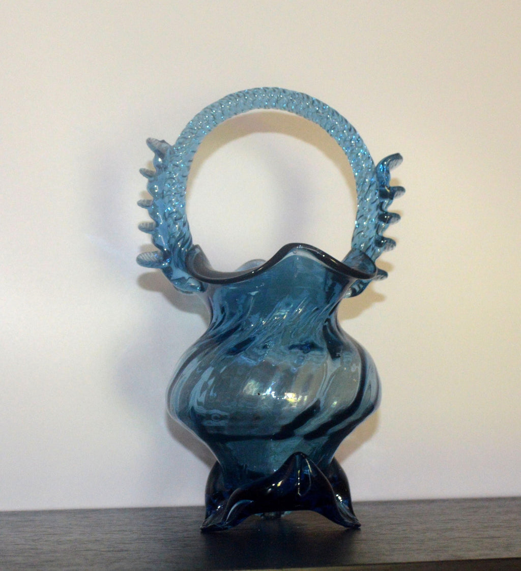 Sapphire Blue Art Glass Basket with Twisted Handle – Collectible Vase