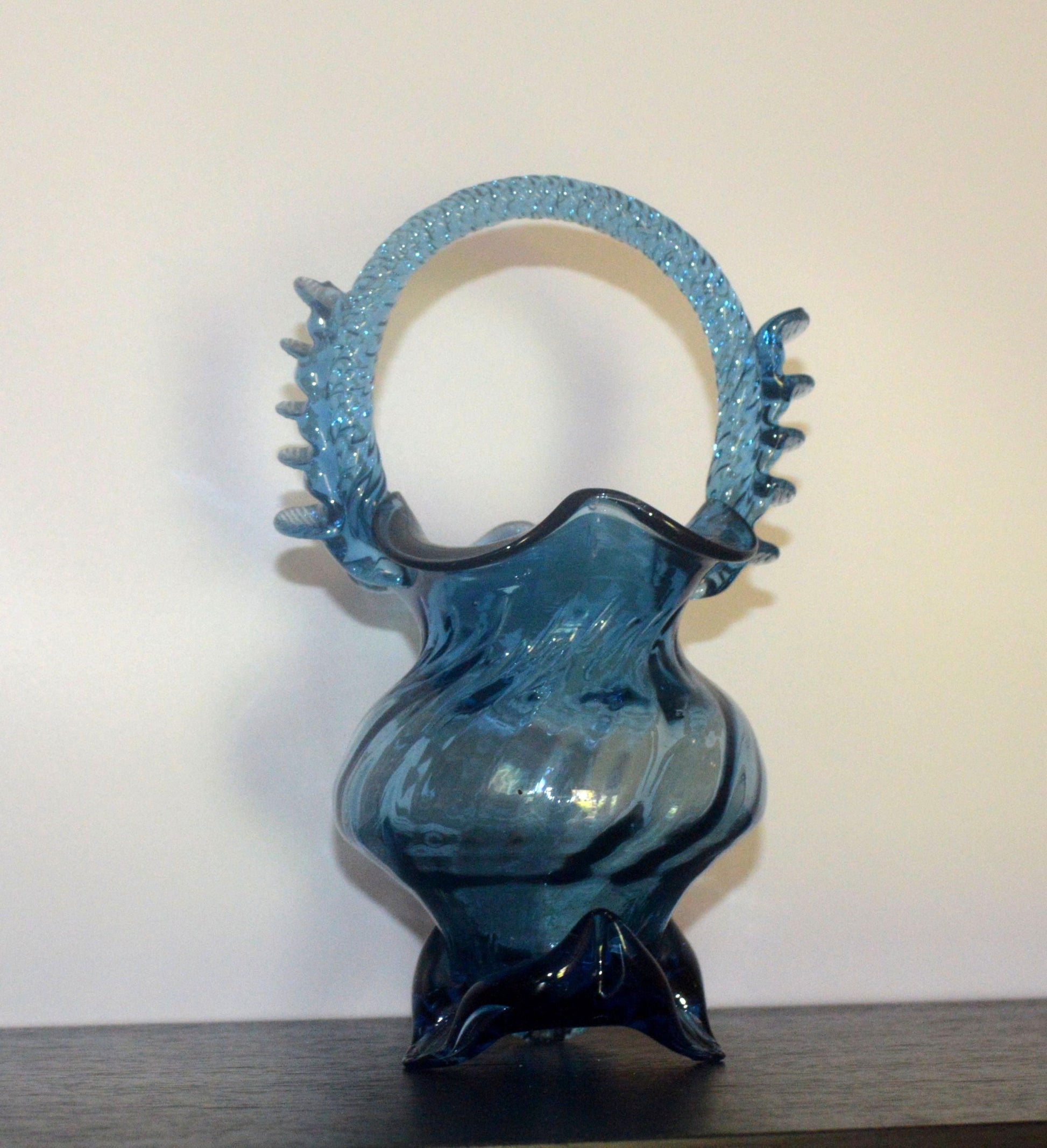 Sapphire Blue Art Glass Basket with Twisted Handle – Collectible Vase