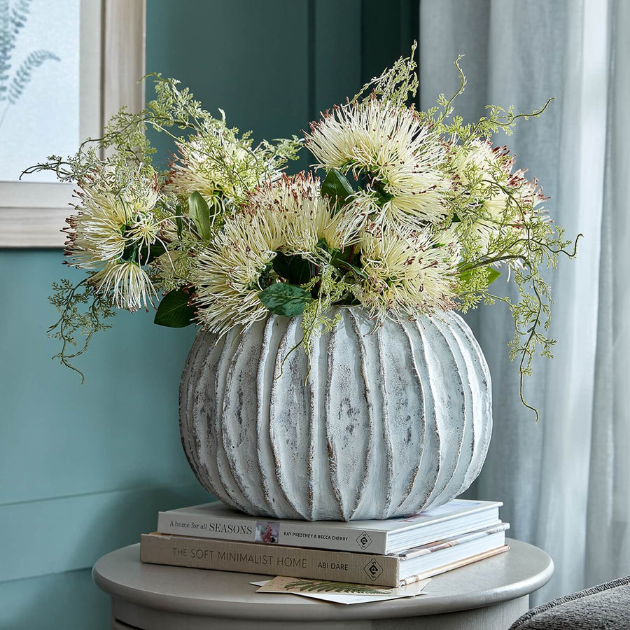 White sculptural ceramic vase with vertical fin detailing, modern Lorenzo Collection decor piece by Sostter at brixbailey.com