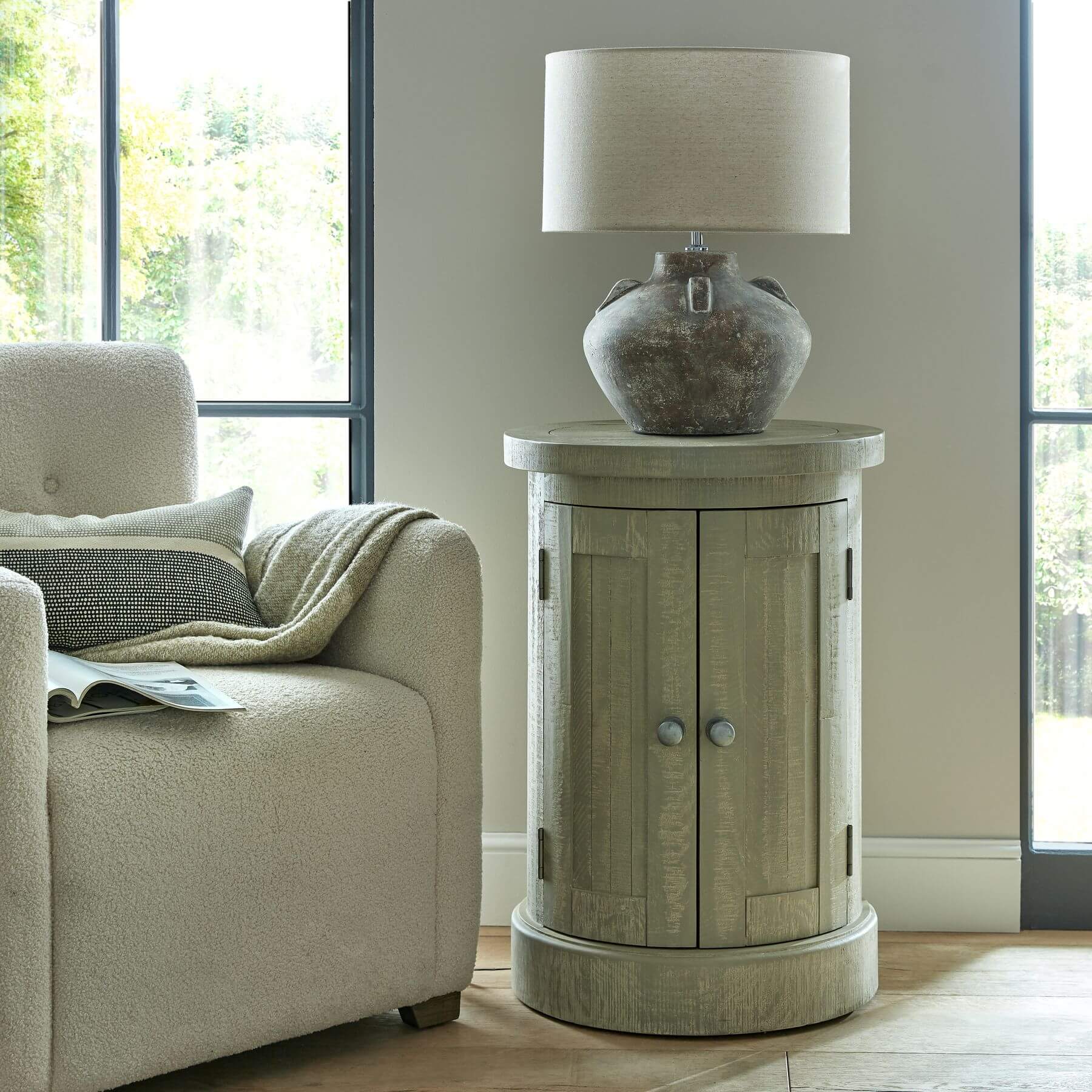 Hand-finished grey pine cupboard with weathered patina, compact 50x50cm storage for bedrooms or living spaces. by Sostter at brixbailey.com