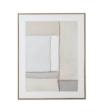 Abstract neutral-toned canvas art with geometric design in soft greys, whites, and beige, framed in sleek champagne wood by Sostter at brixbailey.com