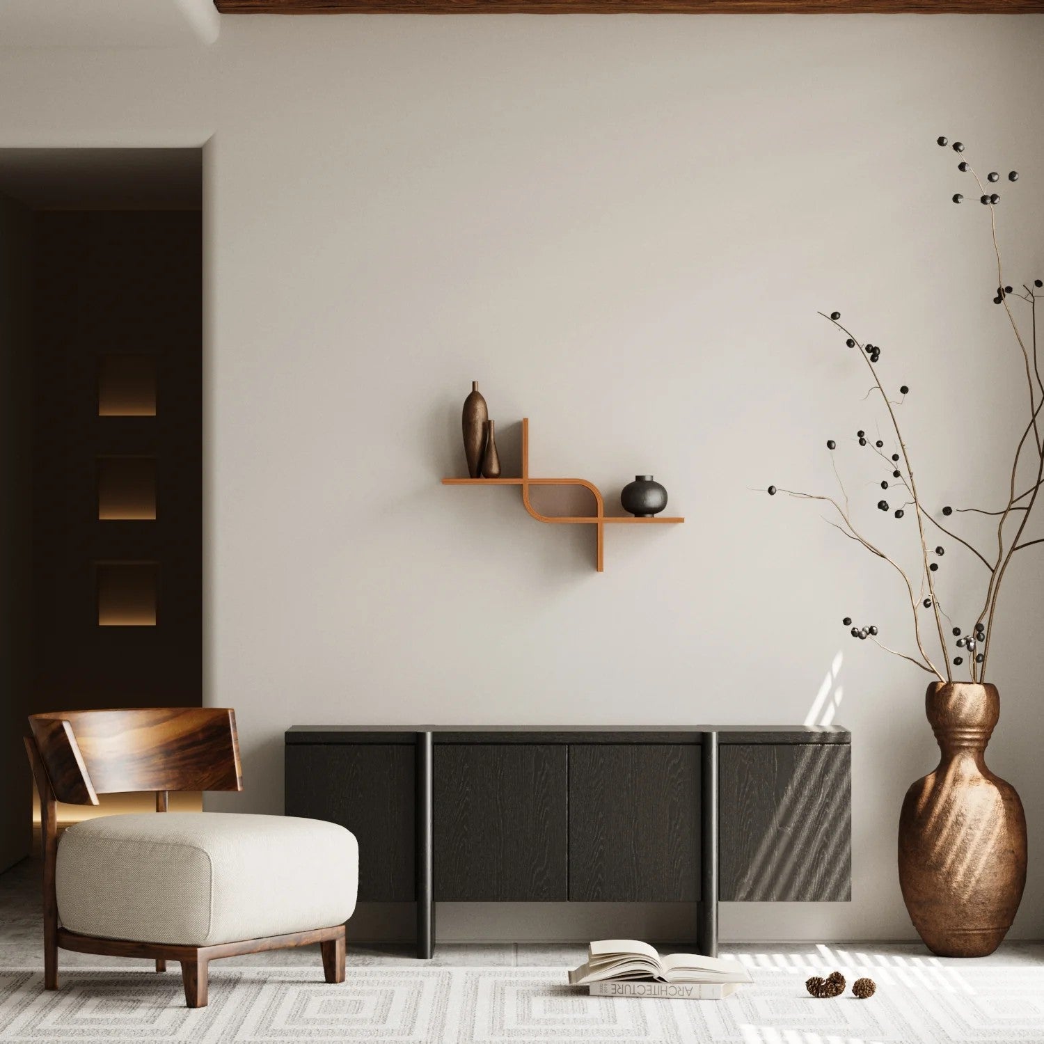 soft-lit floating shelf in warm oak finish holding a small potted plant