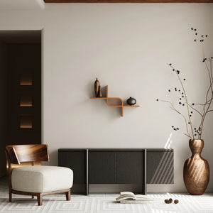 soft-lit floating shelf in warm oak finish holding a small potted plant