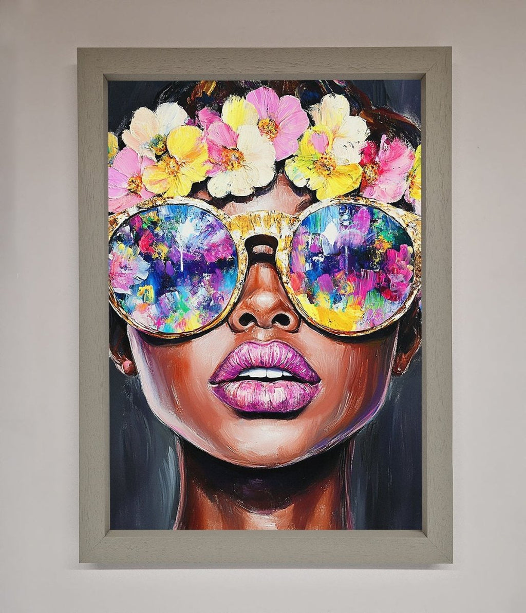 Floral Woman With Glasses and Pink Lips Framed Print