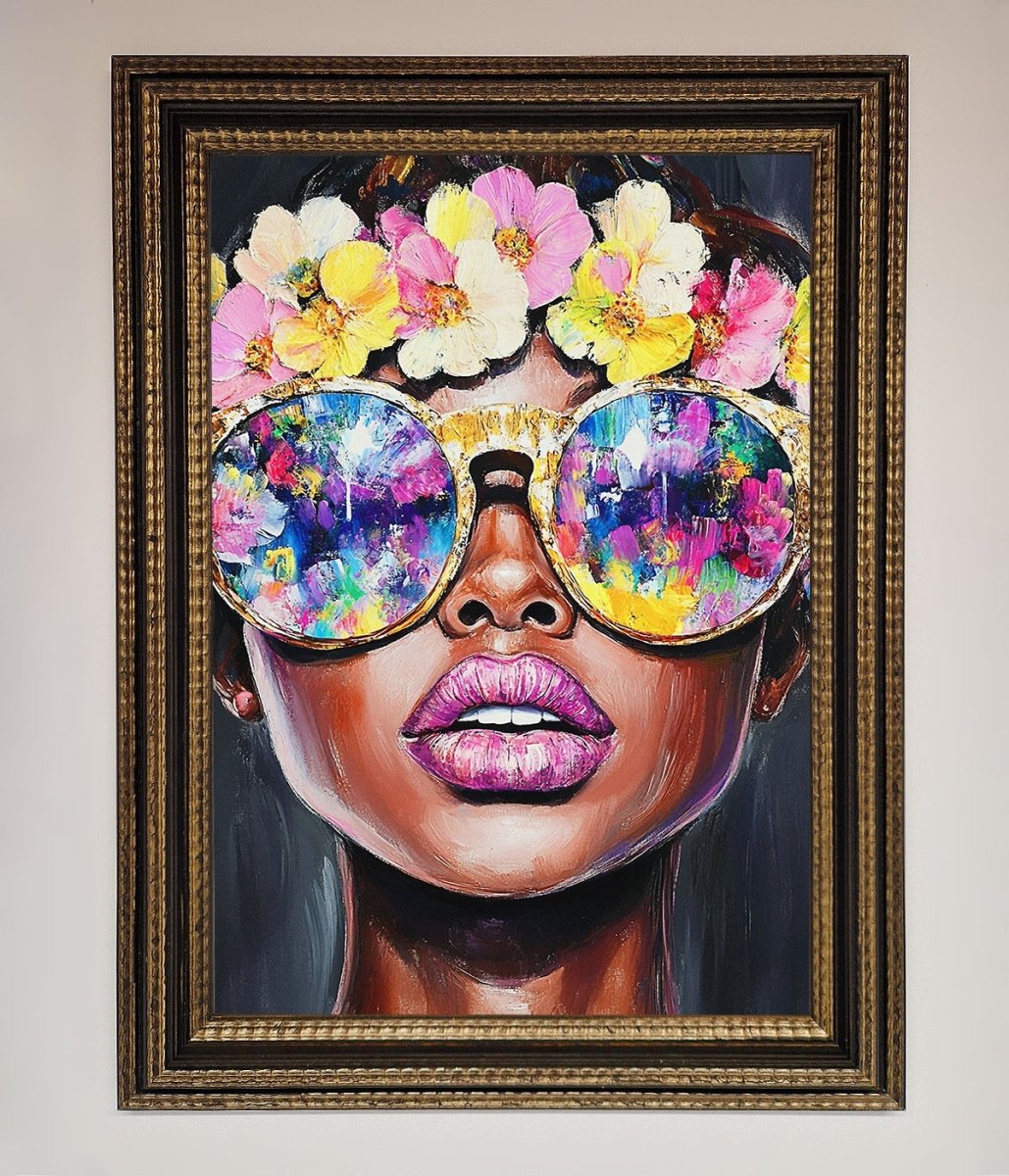 Floral Woman With Glasses and Pink Lips Framed Print