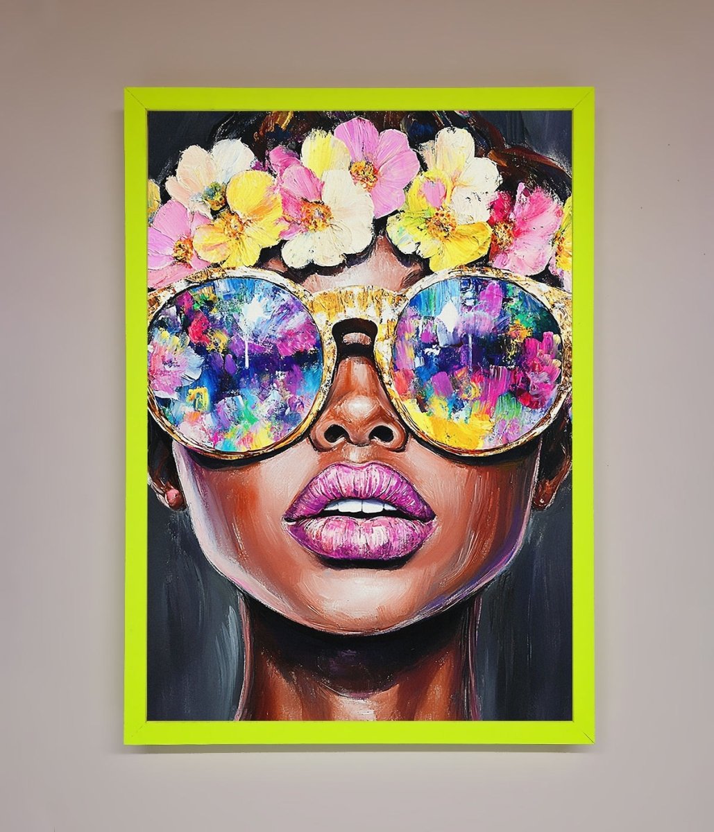 Floral Woman With Glasses and Pink Lips Framed Print