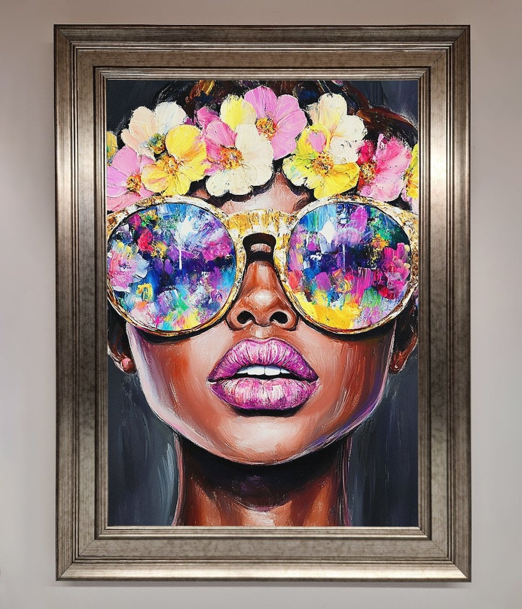Floral Woman With Glasses and Pink Lips Framed Print