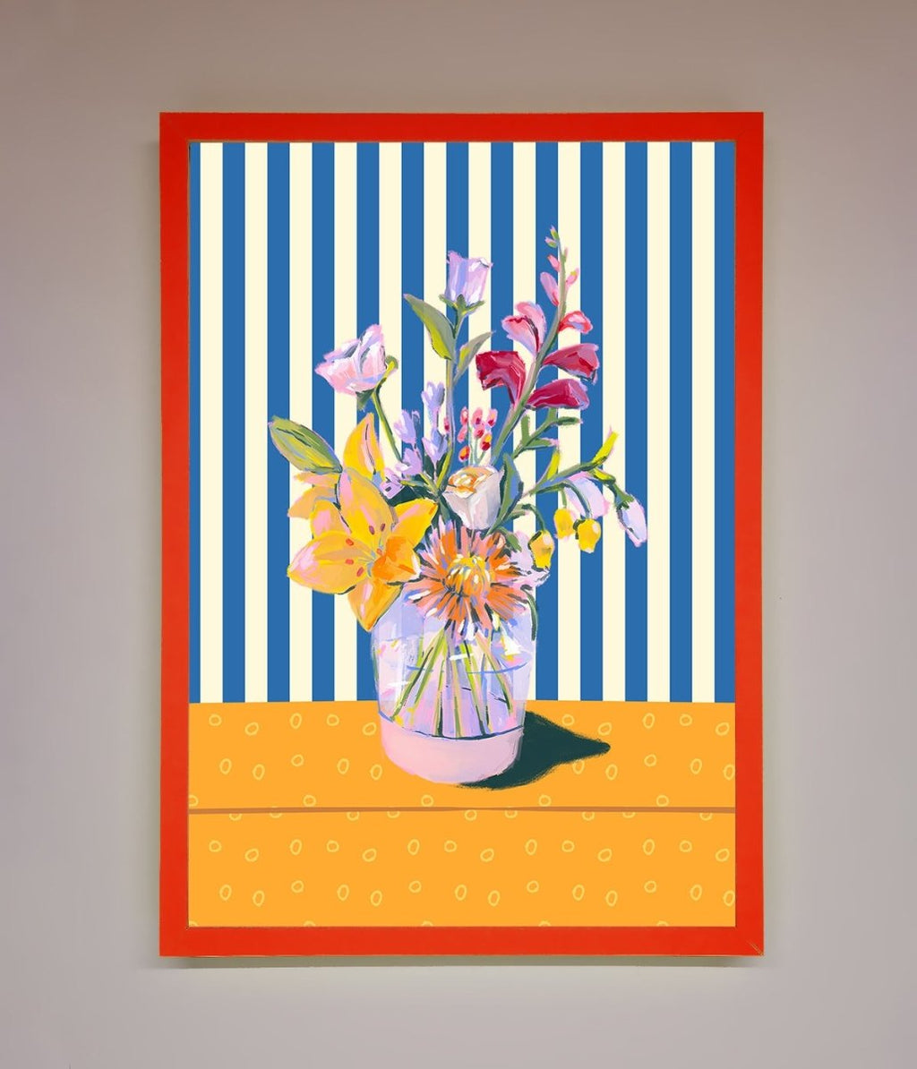 Flower Vase Blue Stripes Framed Wall Art