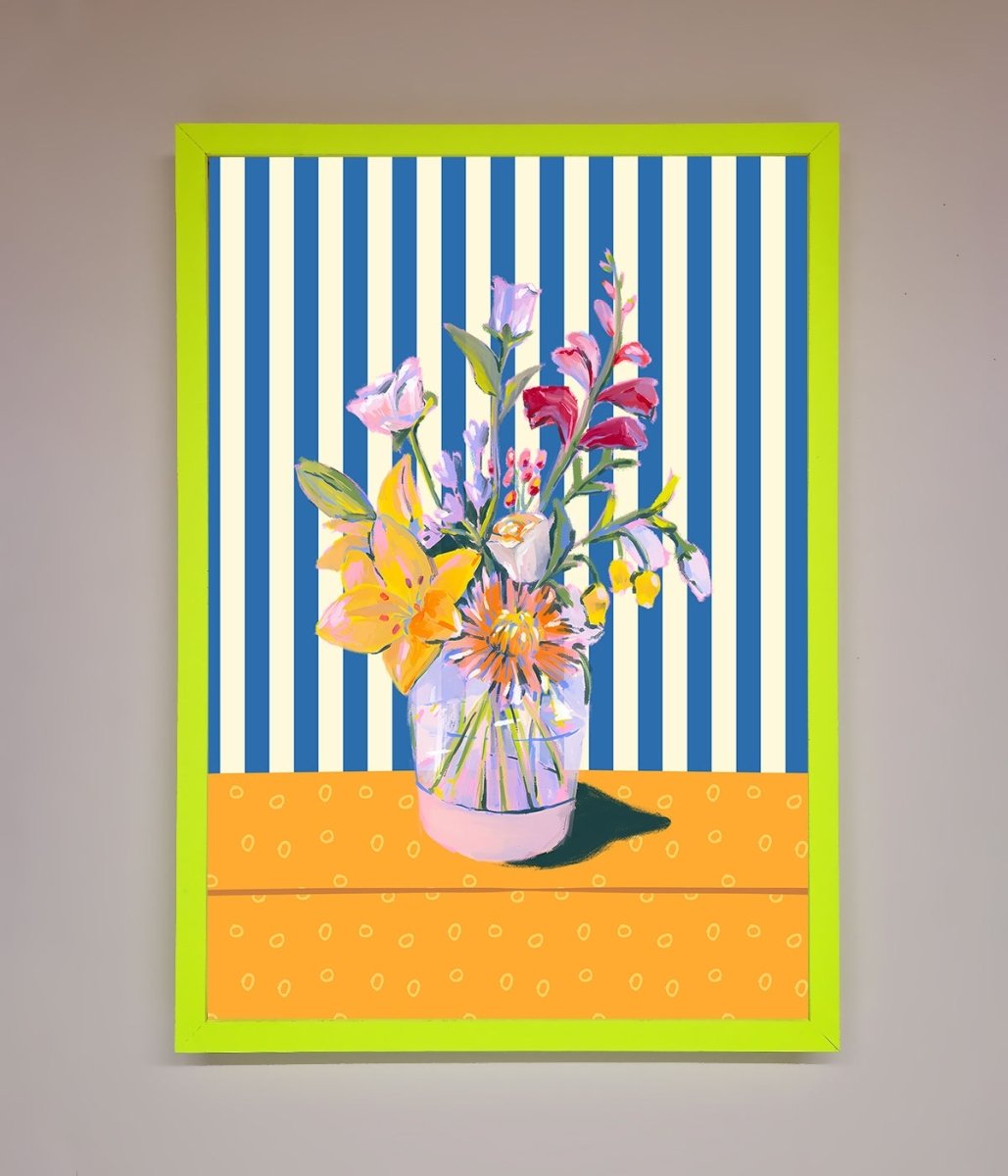 Flower Vase Blue Stripes Framed Wall Art