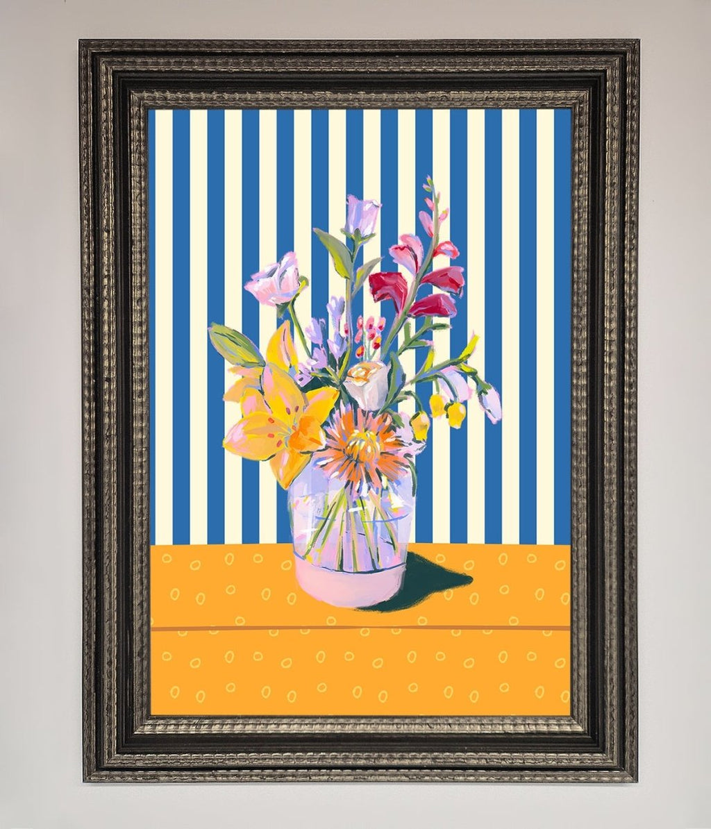 Flower Vase Blue Stripes Framed Wall Art
