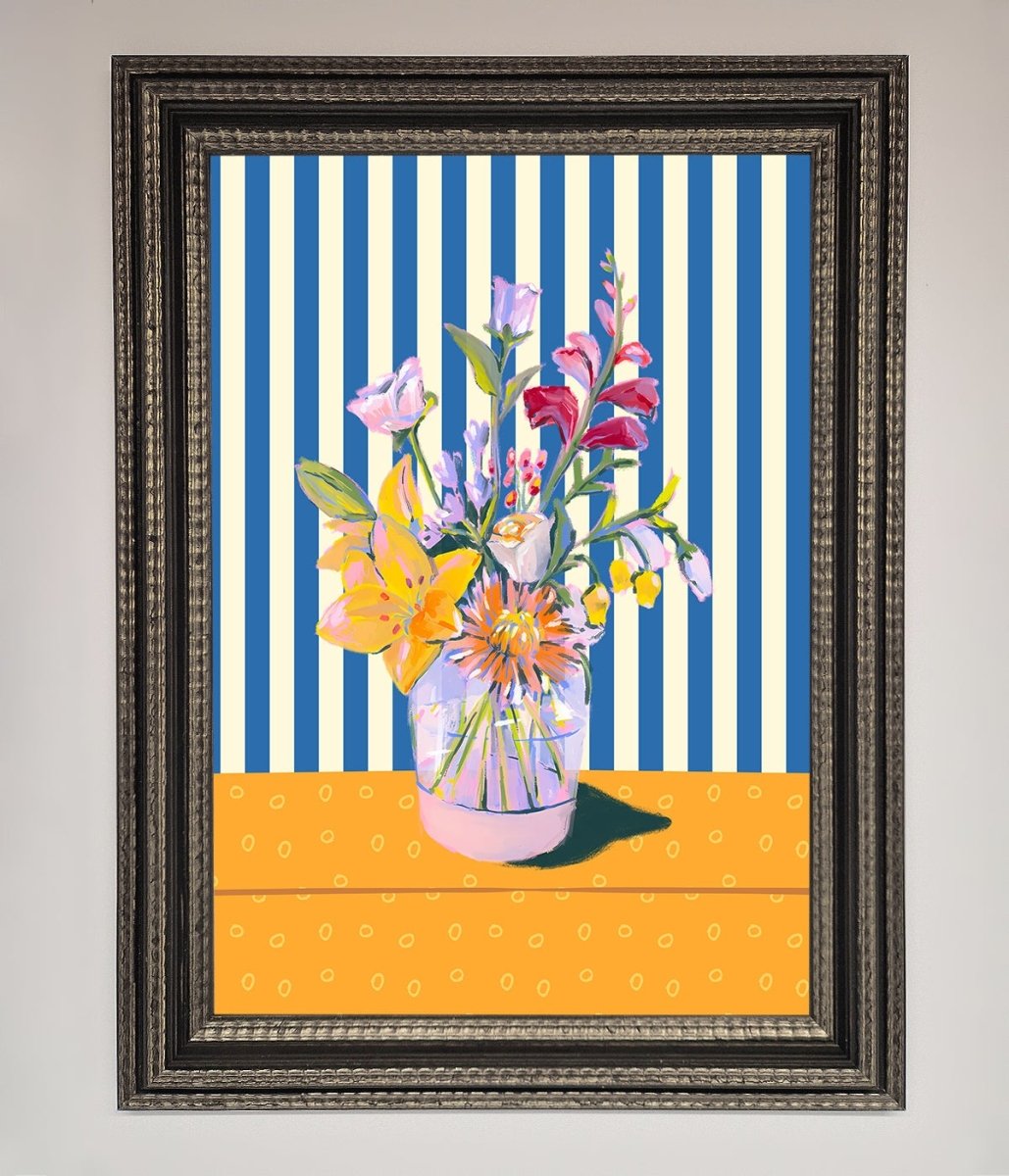 Flower Vase Blue Stripes Framed Wall Art