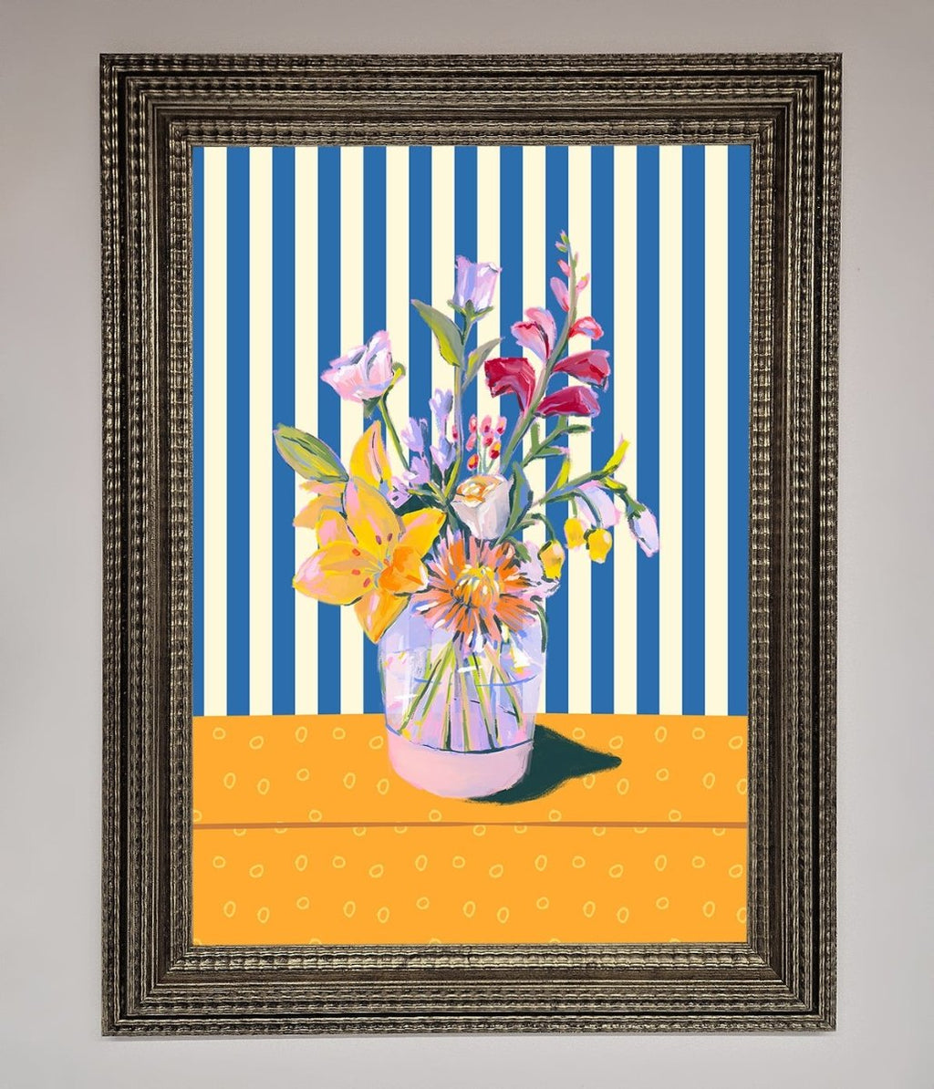 Flower Vase Blue Stripes Framed Wall Art