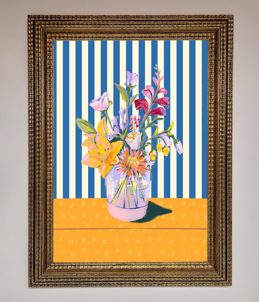 Flower Vase Blue Stripes Framed Wall Art