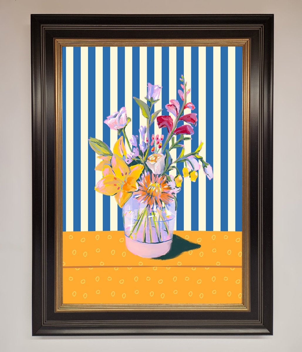 Flower Vase Blue Stripes Framed Wall Art