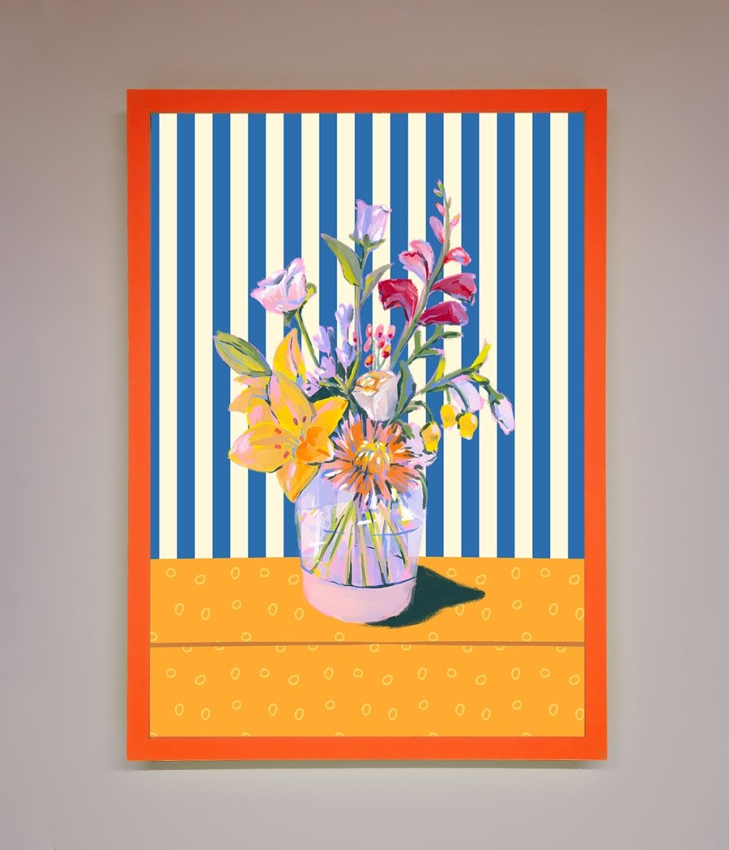 Flower Vase Blue Stripes Framed Wall Art