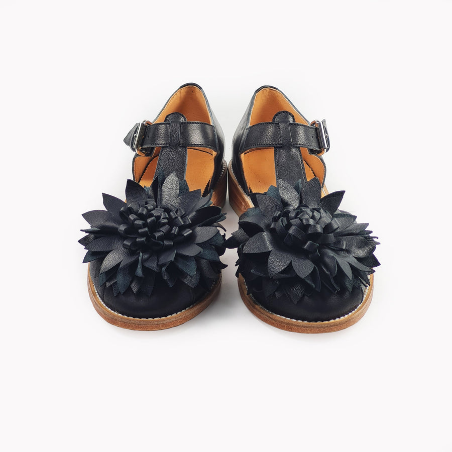 Handmade Leather Fisherman Sandals - Black Flower