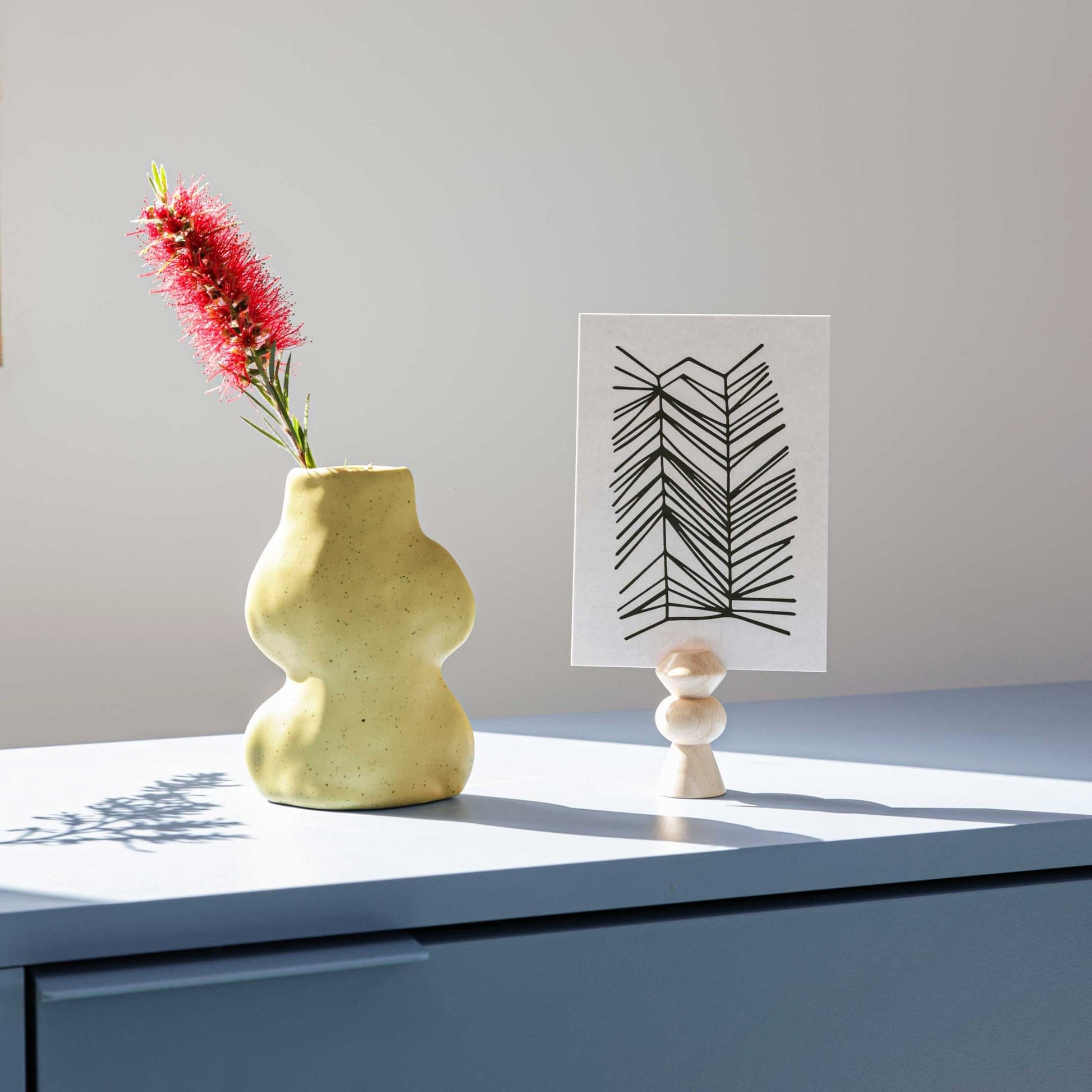 softly lit small pistachio ceramic vase casting a gentle shadow on a natural wood surface