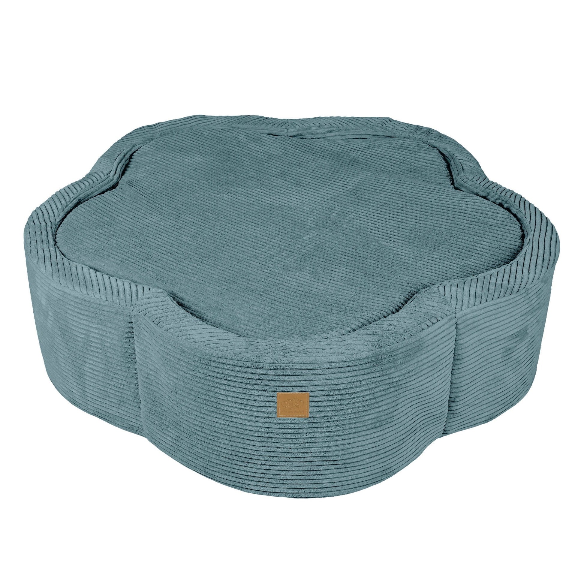 a soft turquoise flower-shaped baby ball pit nestled in a cozy nursery corner