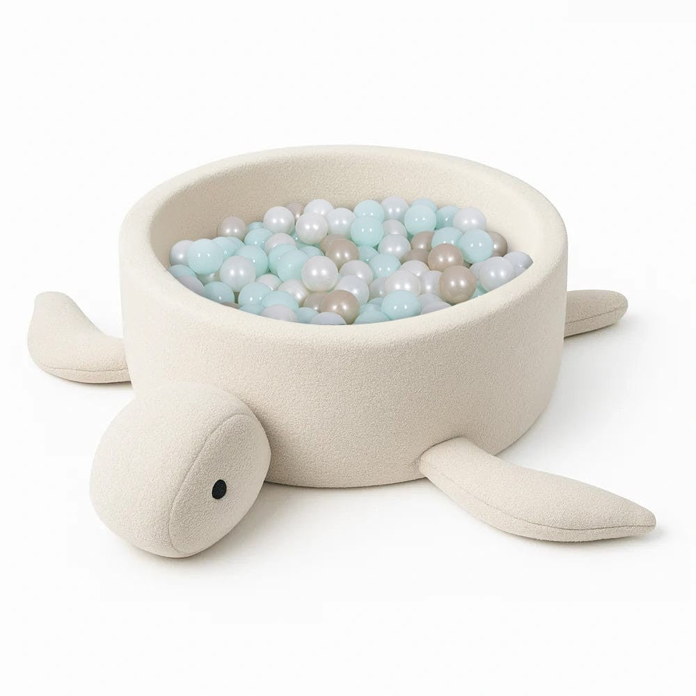 practical view of turtle ball pit's foam wall structure and cozy boucle fabric texture