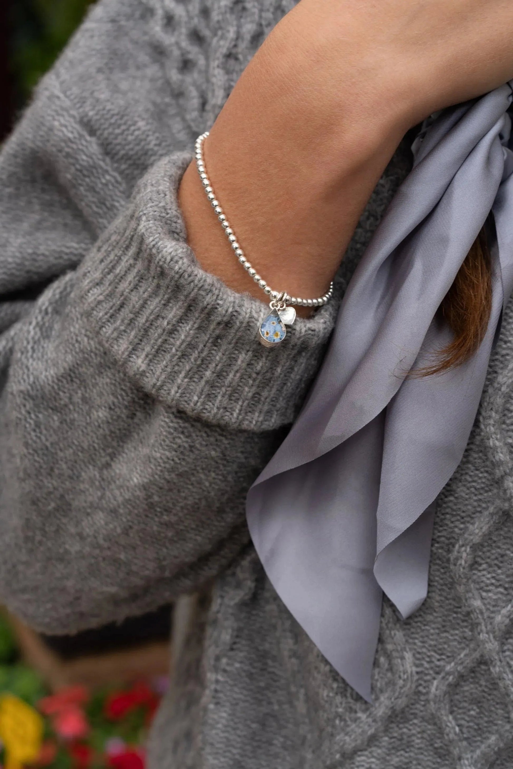 Forget Me Not Silver Teardrop Necklace with Real Flowers