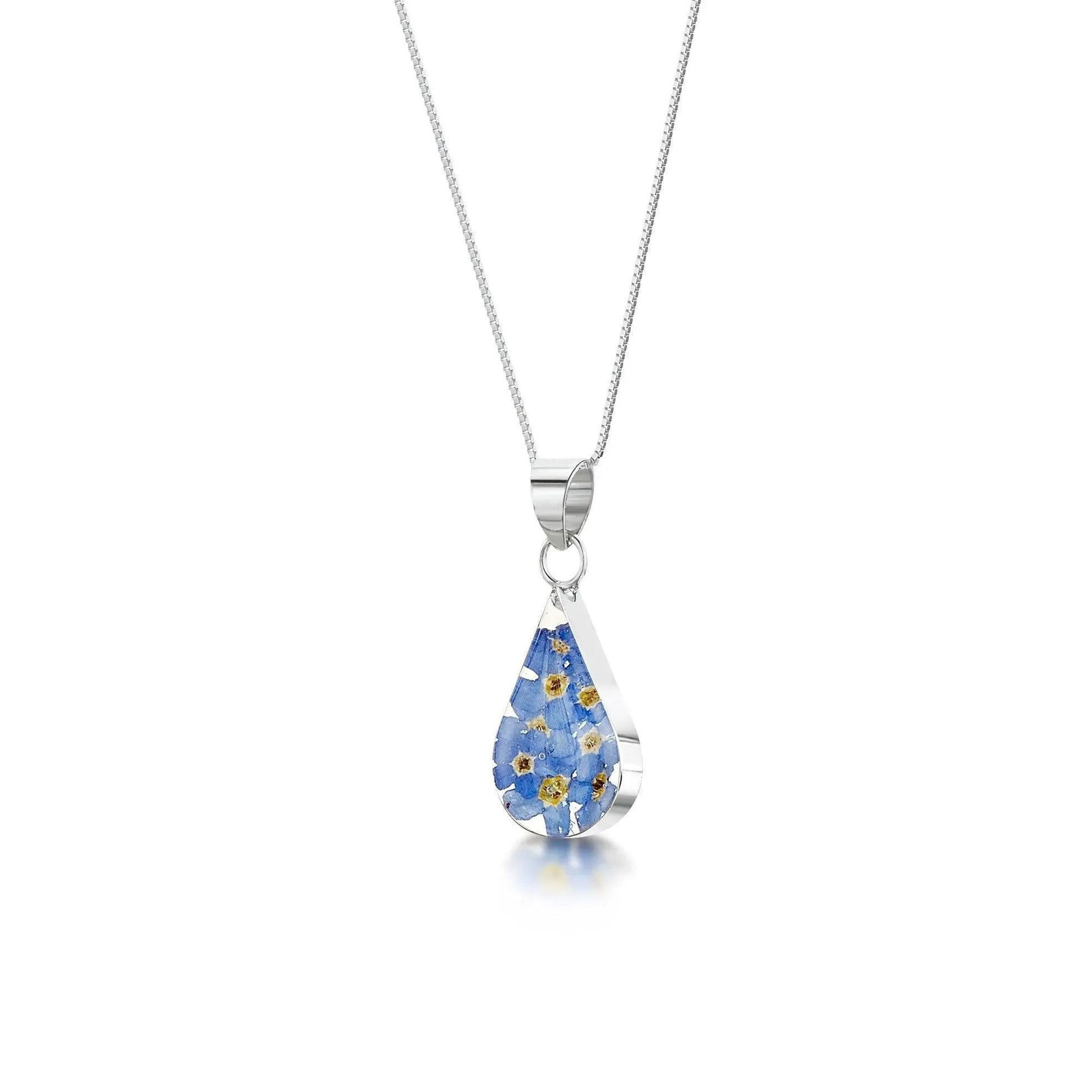 Forget Me Not Silver Teardrop Necklace with Real Flowers