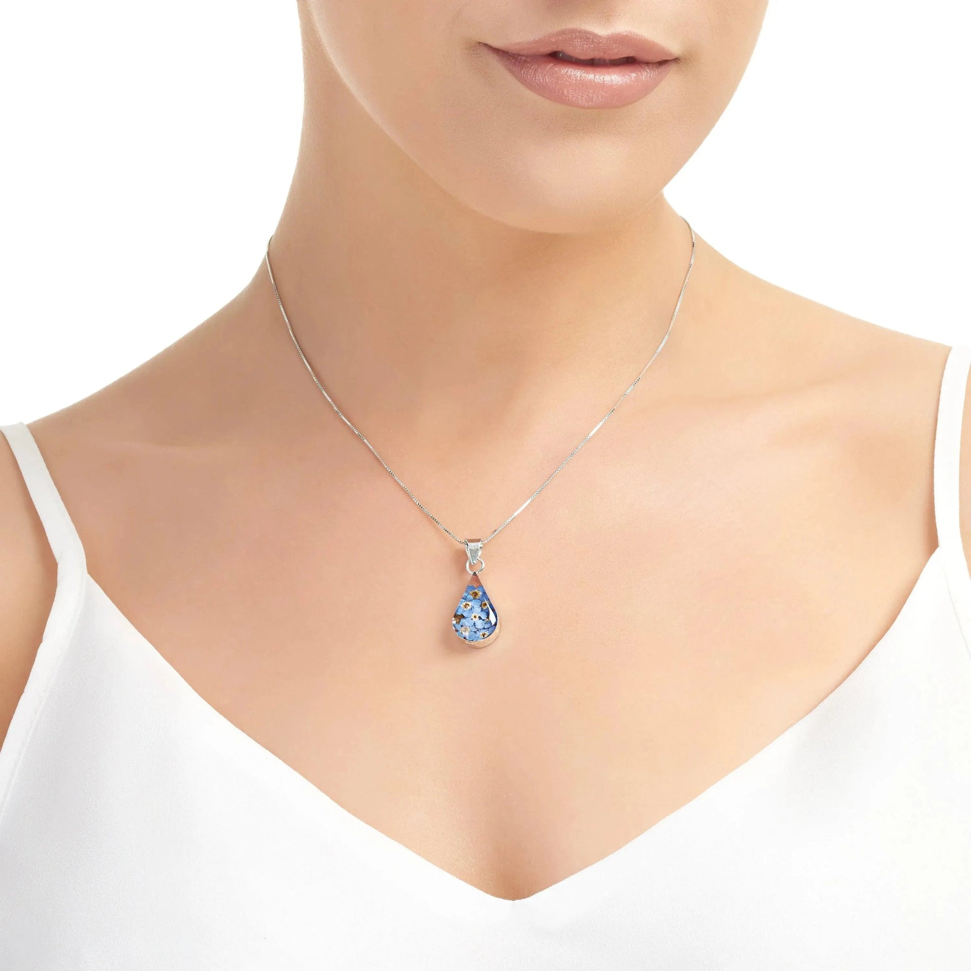 Forget Me Not Silver Teardrop Necklace with Real Flowers