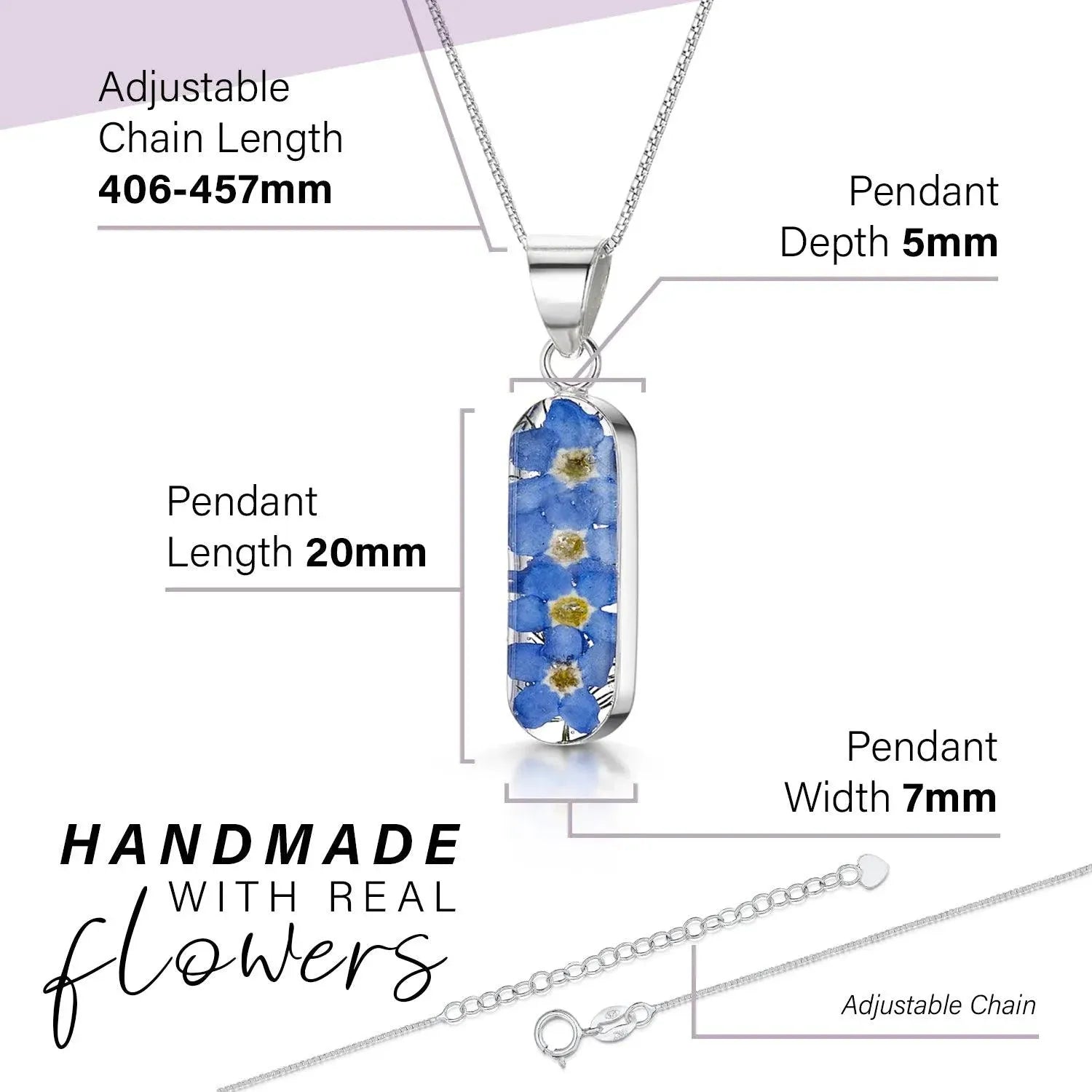 Forget Me Not Vertical Bar Necklace Leela Pendant Handmade Real Flowers