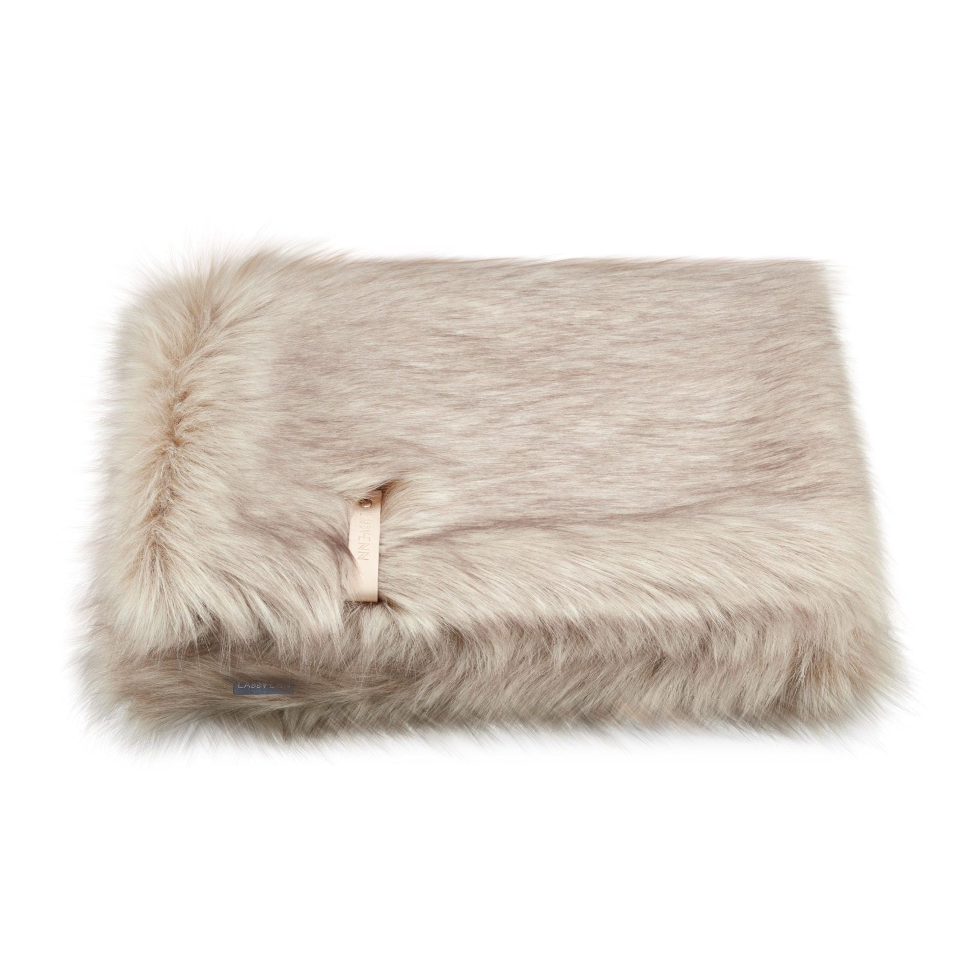 cappuccino faux fur pet blanket in dramatic studio lighting showcasing its plush texture
