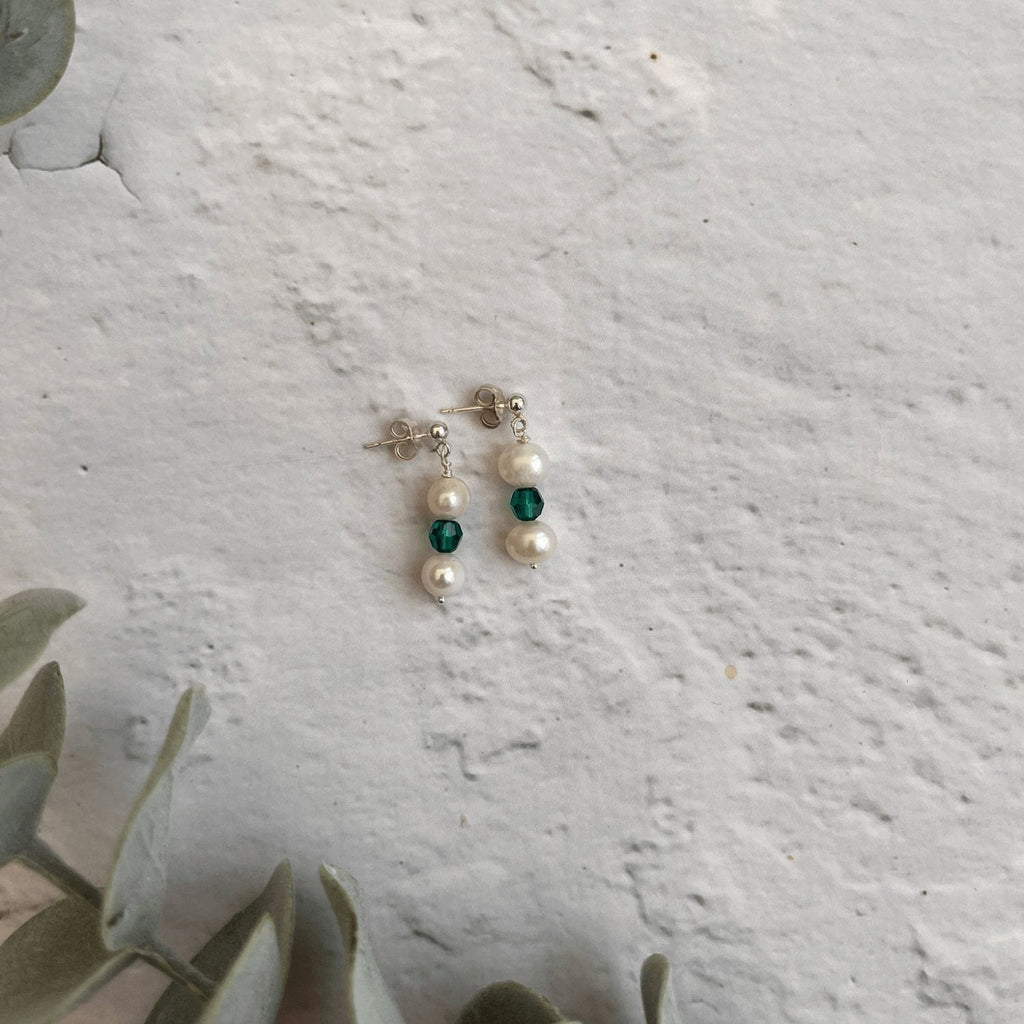 Freshwater Pearl and Emerald Drop Earrings in Sterling Silver