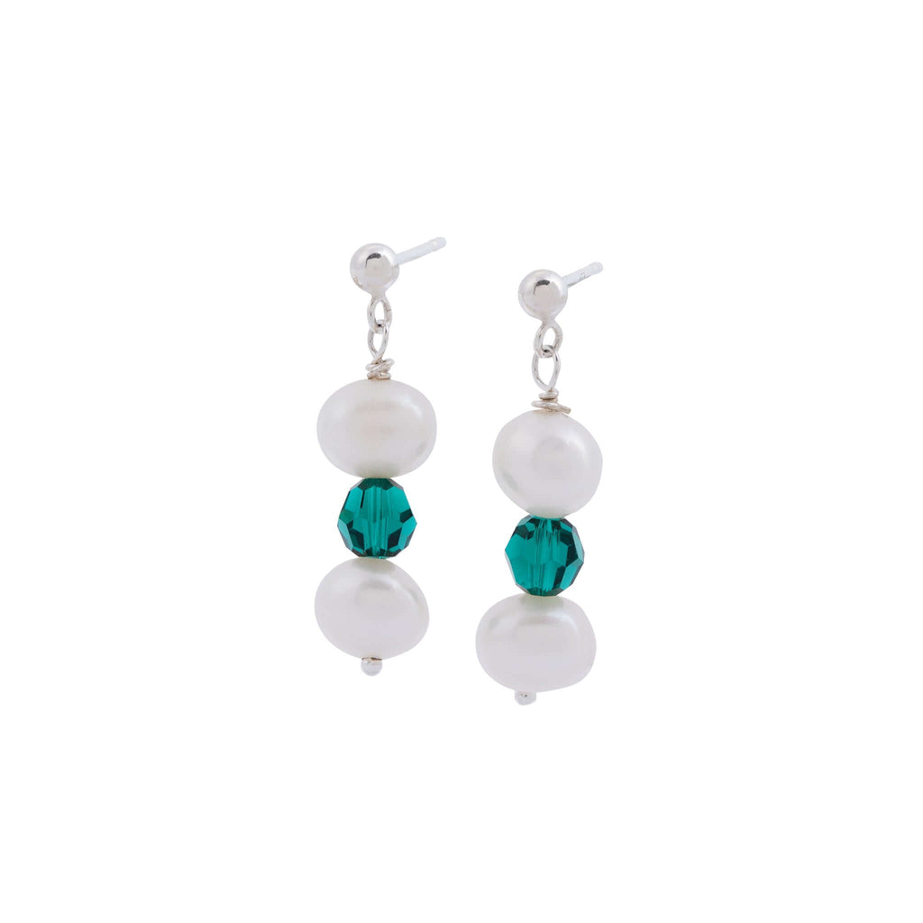 Freshwater Pearl and Emerald Drop Earrings in Sterling Silver