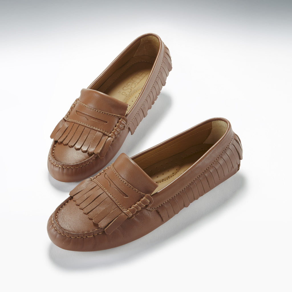 Women's Light Tan Fringed Leather Driving Loafers