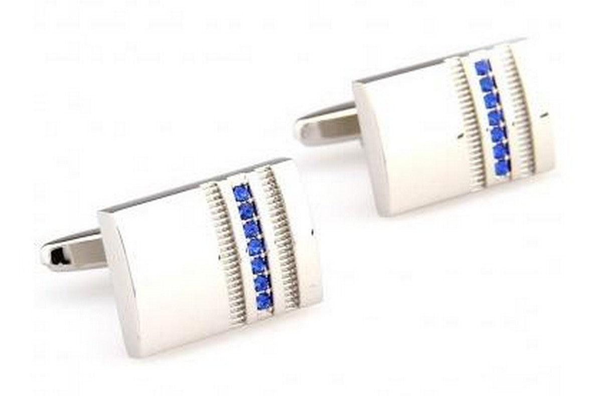 Silver rectangular cufflinks with blue crystal stone