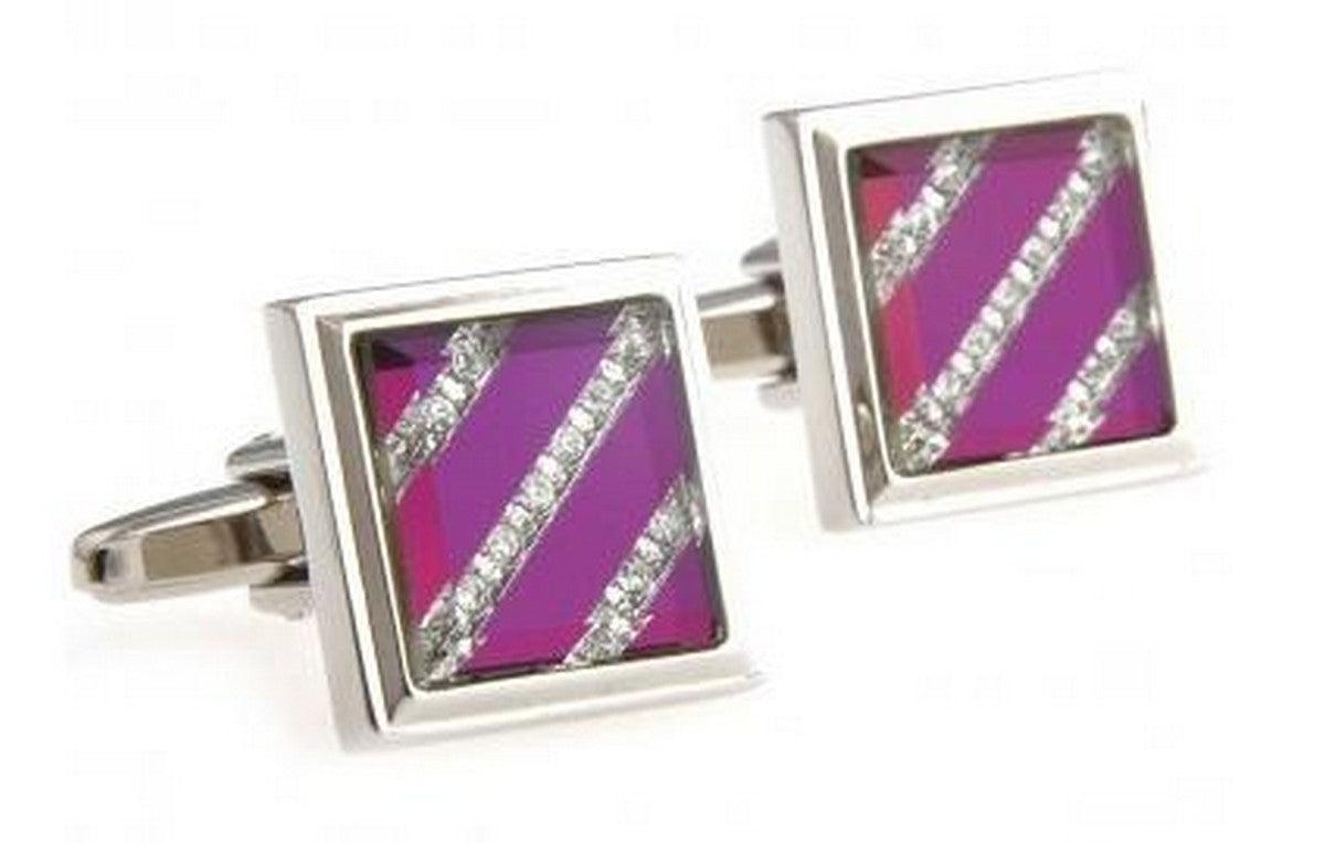 Silver Cufflinks with Purple and Crystal Stripes