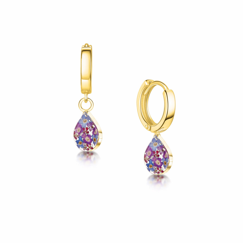 Silver Huggie Earring Purple Haze Teardrop with Real Flowers