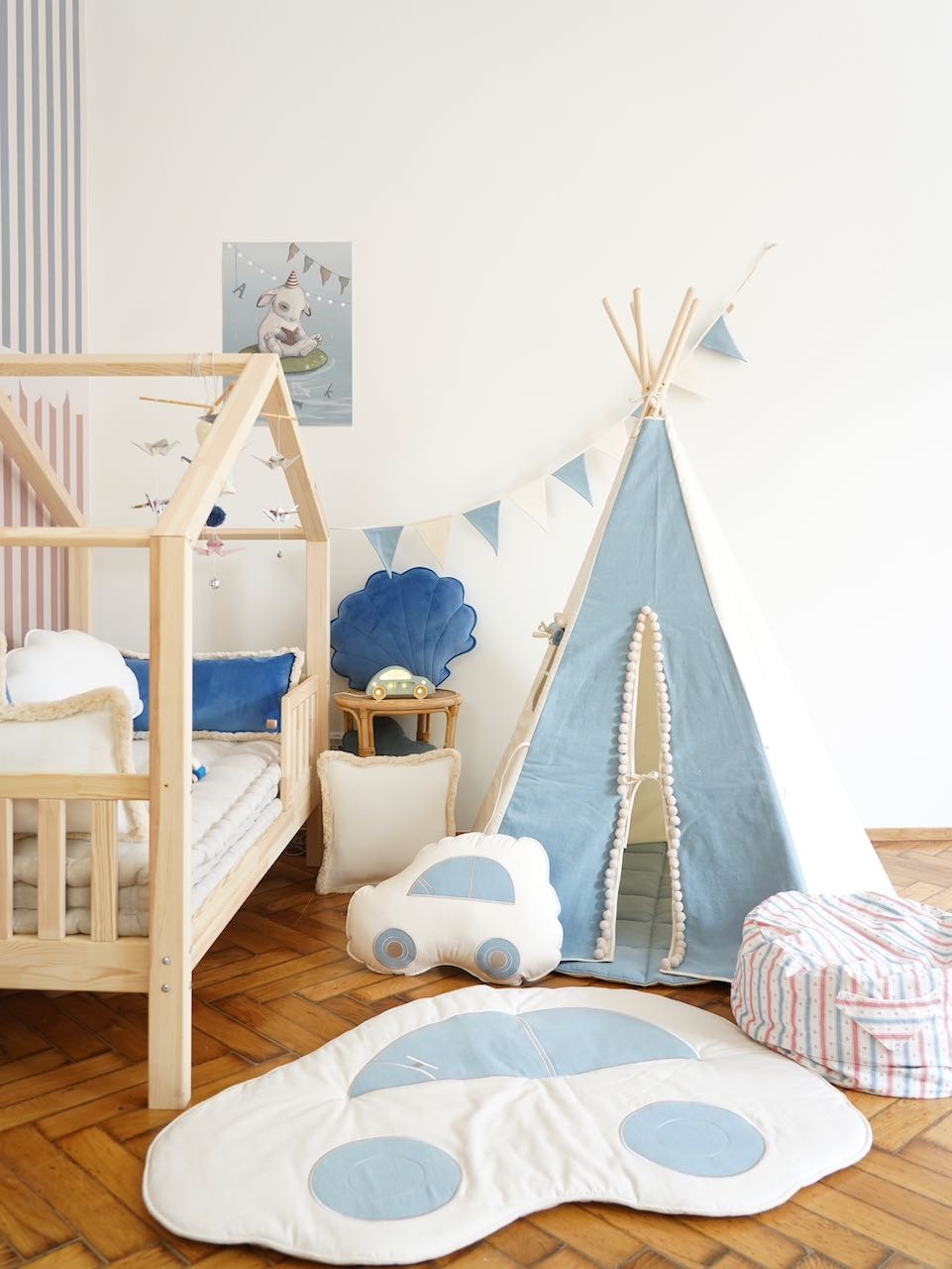 elegant cotton-linen garland with 9 pendants, draped gracefully over a nursery canopy in soft daylight