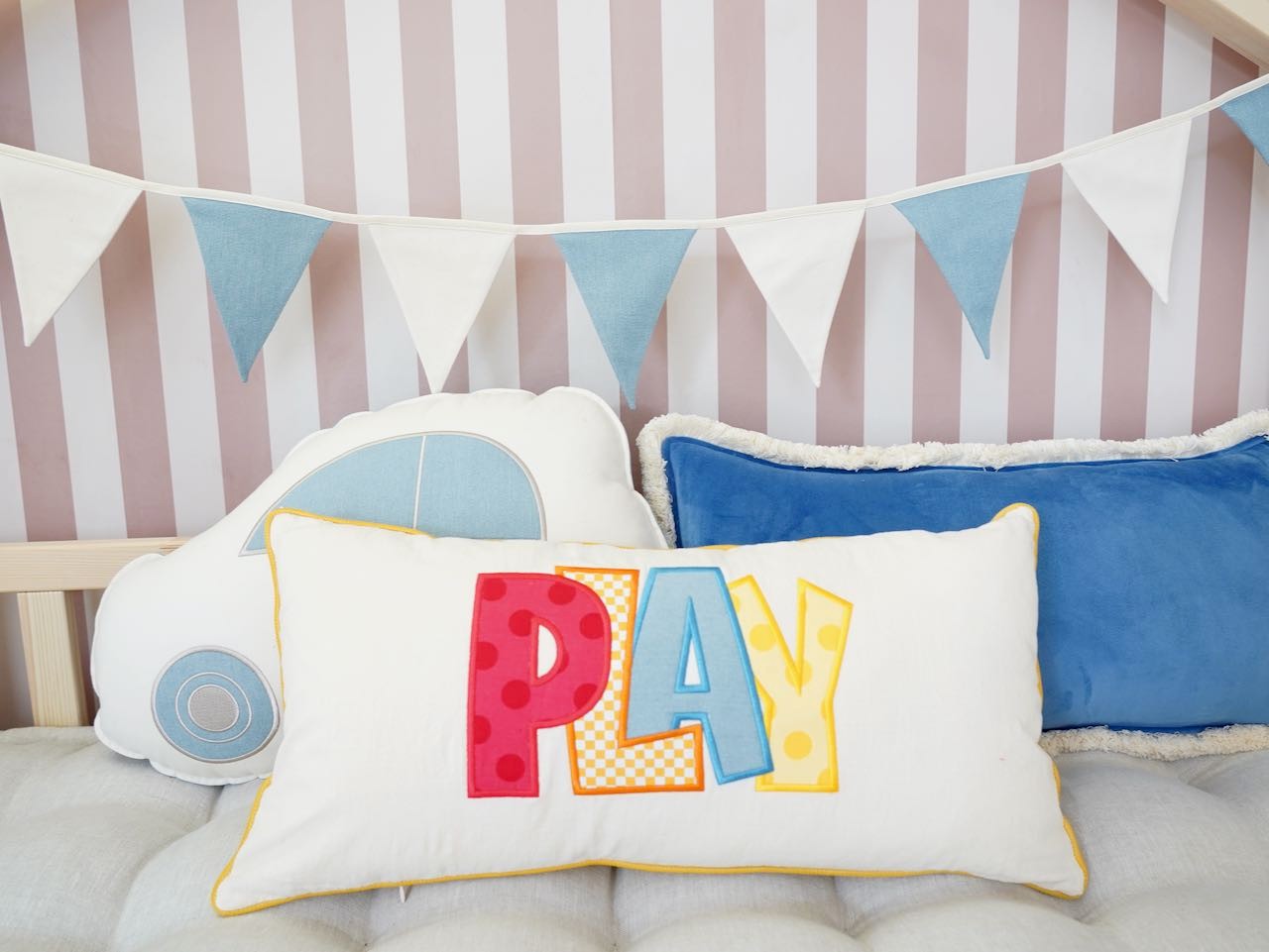 bold cotton-linen jeans garland for kids' rooms - 9 pendants in warm light, perfect for cots and parties