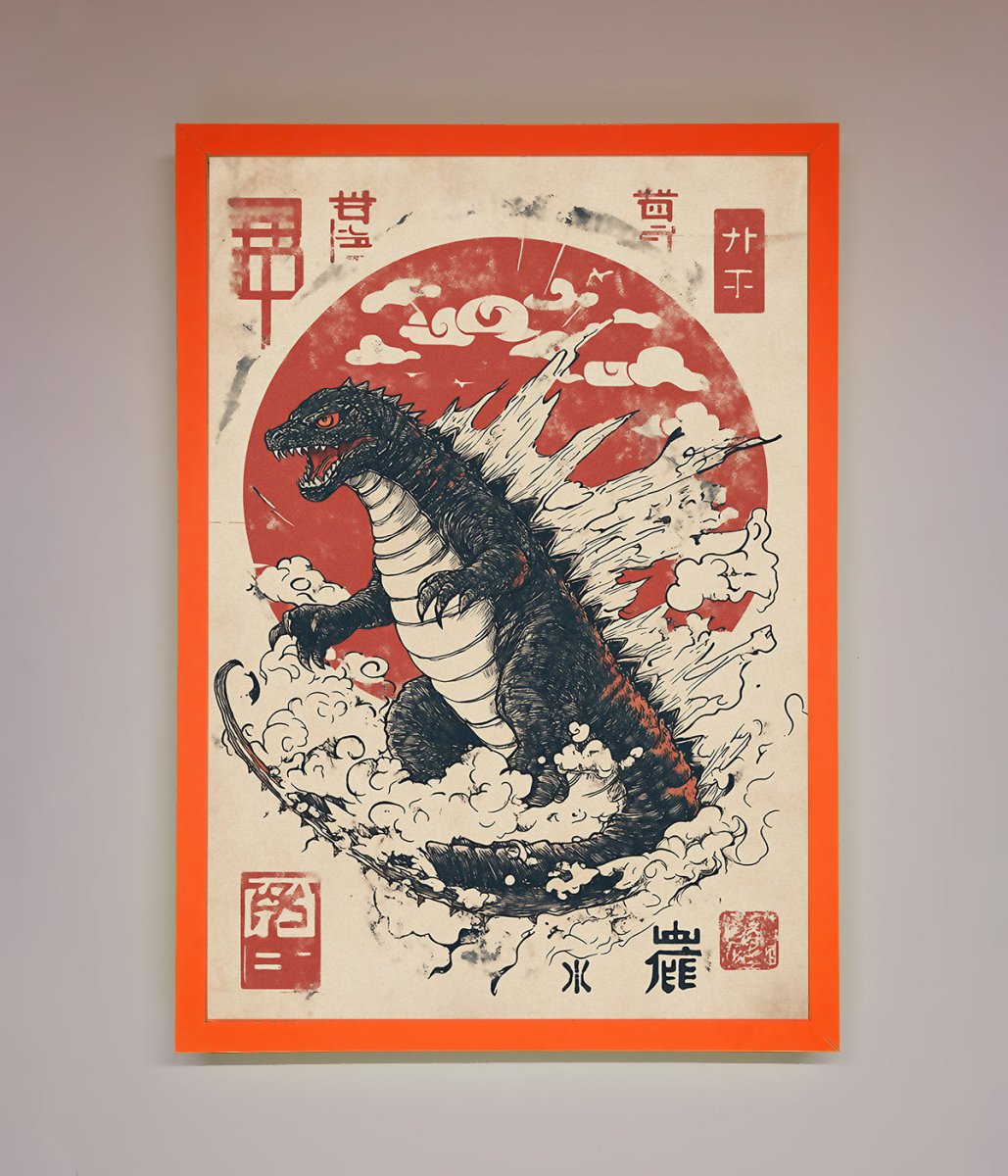 Godzilla Rises Red Sun Framed Poster