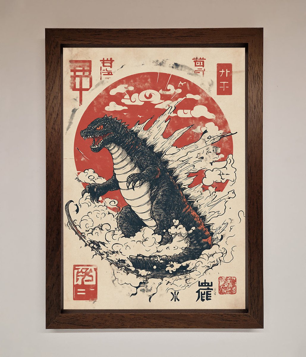 Godzilla Rises Red Sun Framed Poster